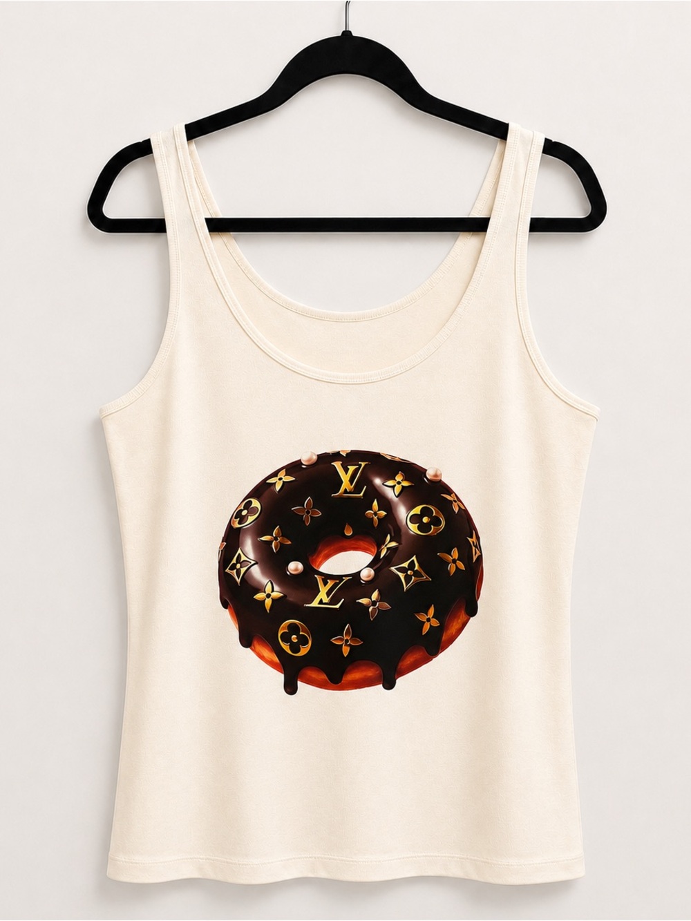 Cream Graphic Tank Top with Designer-Style Chocolate Donut Motif